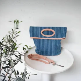Striped Denim Canvas & Full-Grain Leather Commuter Bag – Large-Capacity, Shoulder, Crossbody & Handheld