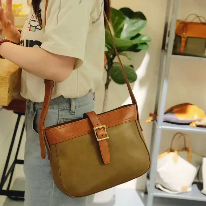 Vegetable-Tanned Leather Sling Bag in Olive Brown – Earthy and Versatile
