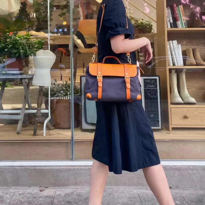 Student Wearing Handmade Vintage Messenger Crossbody Bag – Canvas and Leather
