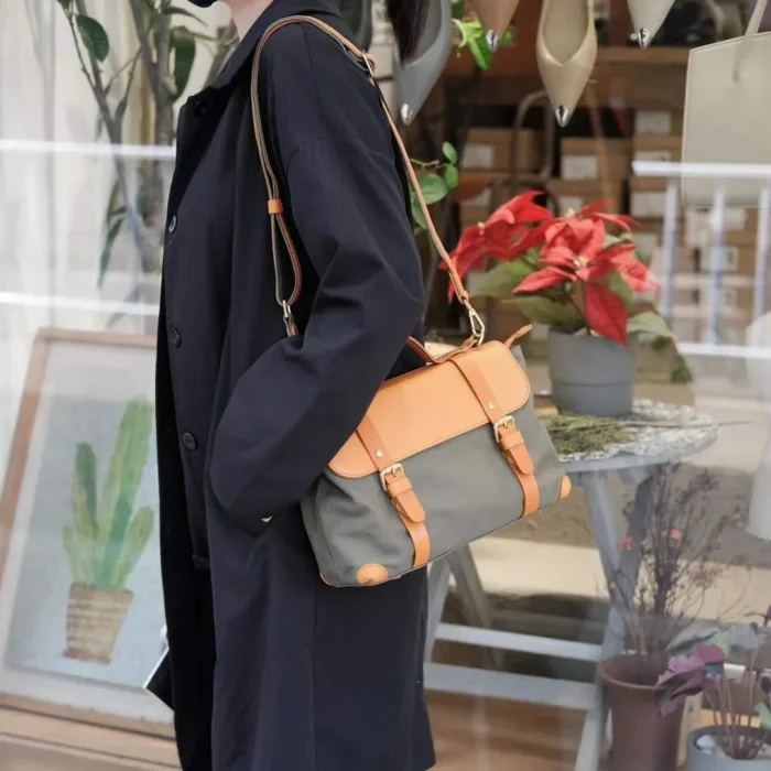 Student Wearing Handmade Vintage Messenger Crossbody Bag – Canvas and Leather