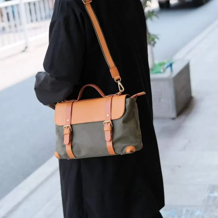 Student Wearing Handmade Vintage Messenger Crossbody Bag – Canvas and Leather