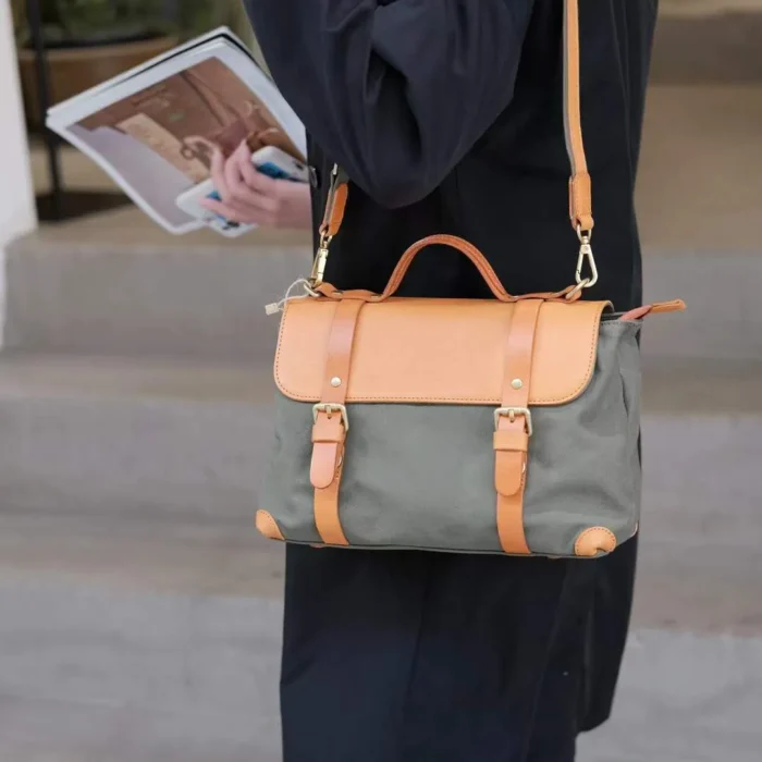 Military Green Canvas and Leather Crossbody Messenger Bag