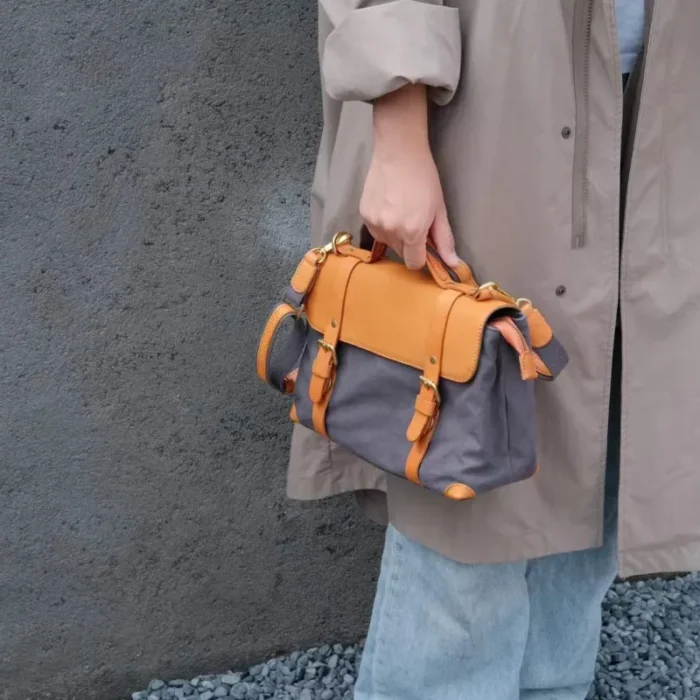 Vintage Dark Gray Canvas Messenger Bag with Leather Trim