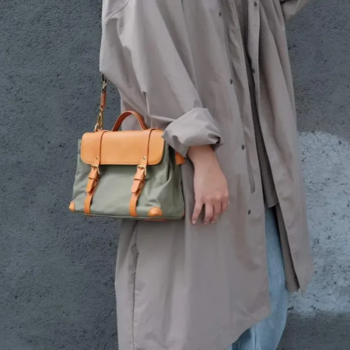 Military Green Canvas and Leather Crossbody Messenger Bag