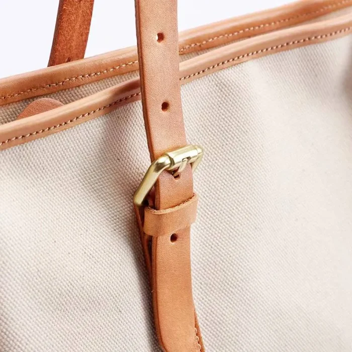 Close-up of top-grain vegetable-tanned leather on Original Canvas & Leather Tote Bag