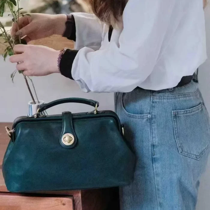 Handcrafted vegetable-tanned leather doctor bag in Blue