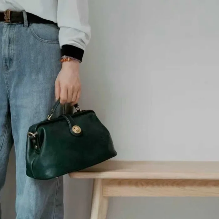 Handcrafted vegetable-tanned leather doctor bag in Ink Green