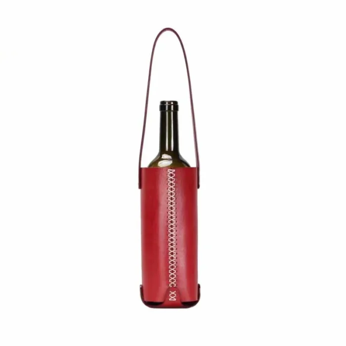 classic red vegetable-tanned leather wine holder handmade gift