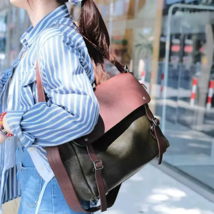 avocado green vegetable-tanned leather shoulder bag colorblock unisex couple tote
