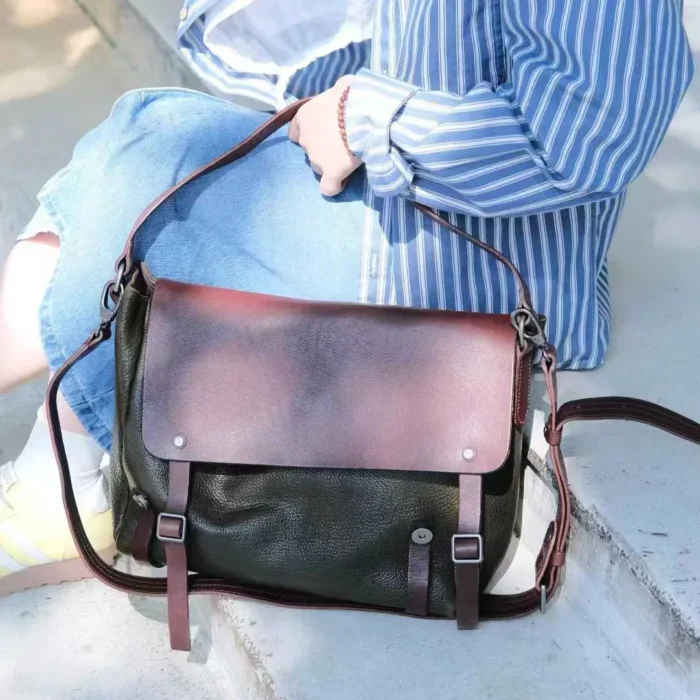 avocado green vegetable-tanned leather shoulder bag colorblock unisex couple tote