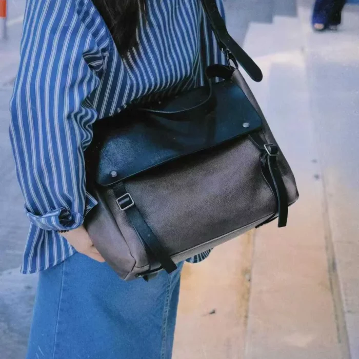morandi gray vegetable-tanned leather shoulder bag colorblock unisex couple tote