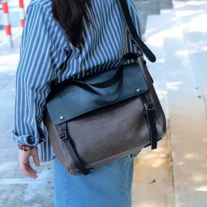 morandi gray vegetable-tanned leather shoulder bag colorblock unisex couple tote