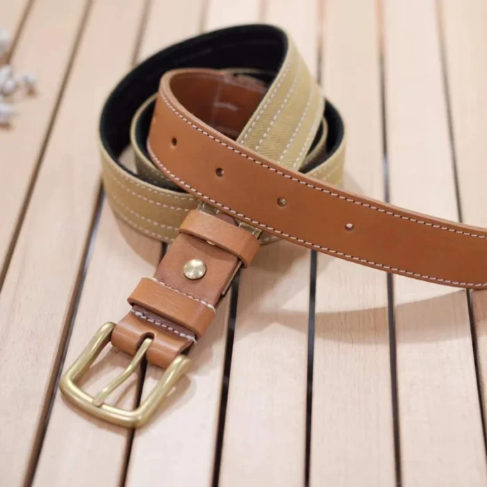mustard yellow canvas and vegetable-tanned leather belt with retro colorblock design