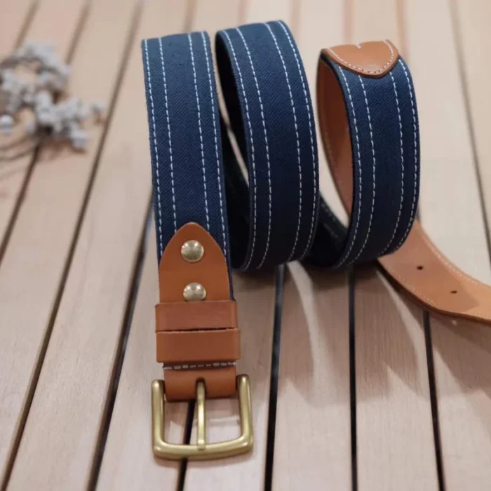 royal blue canvas and vegetable-tanned leather belt with vintage brass buckle