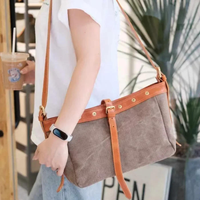 Coffee Brown Canvas Leather Shoulder Bag – vintage earth tone