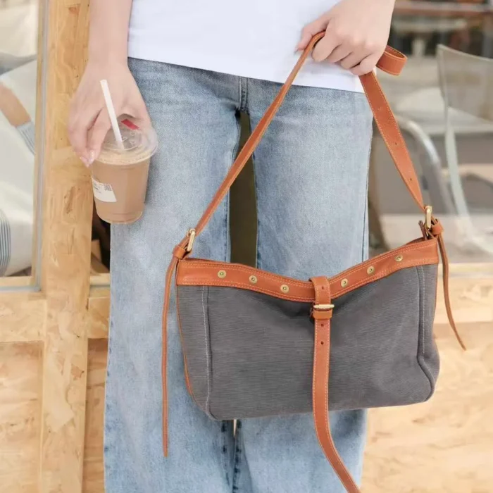 Charcoal Grey Canvas Leather Shoulder Bag – versatile unisex design