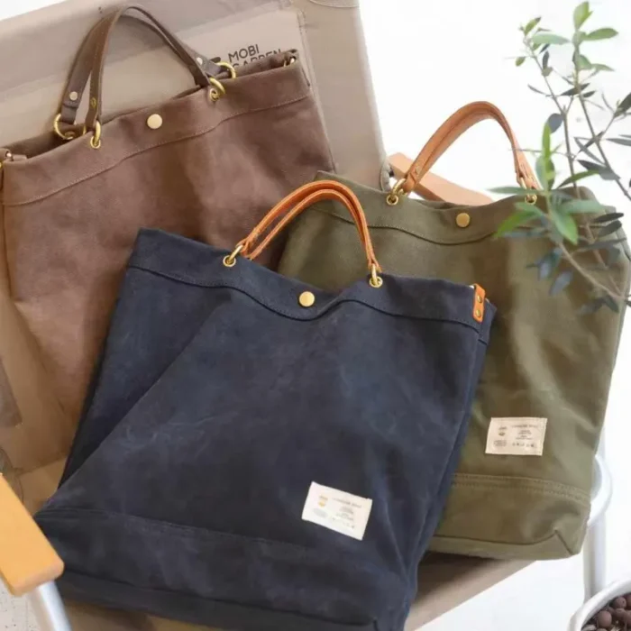 Handmade Vintage Tote Bags in Olive Green, Coffee Brown, and Royal Blue – group photo