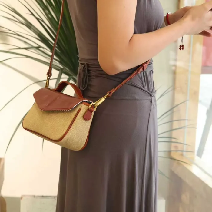 Stylish woman wearing Poplar Green Pepper Salt canvas bag in a casual city setting