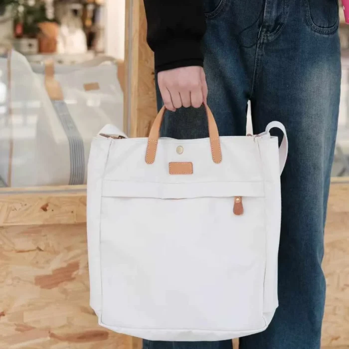 Clean and minimalist Pure White Canvas & Leather Tote Bag