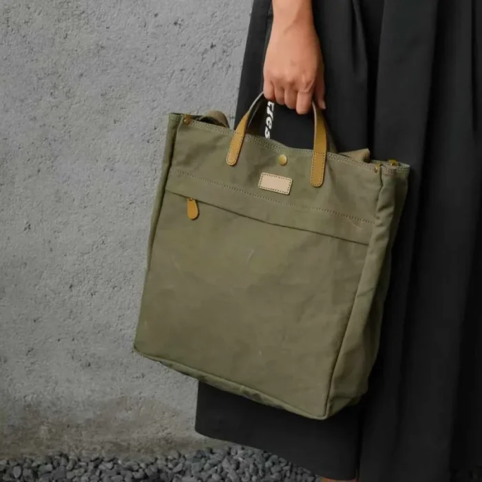 Canvas & Leather Tote Bag in vintage Army Green color option