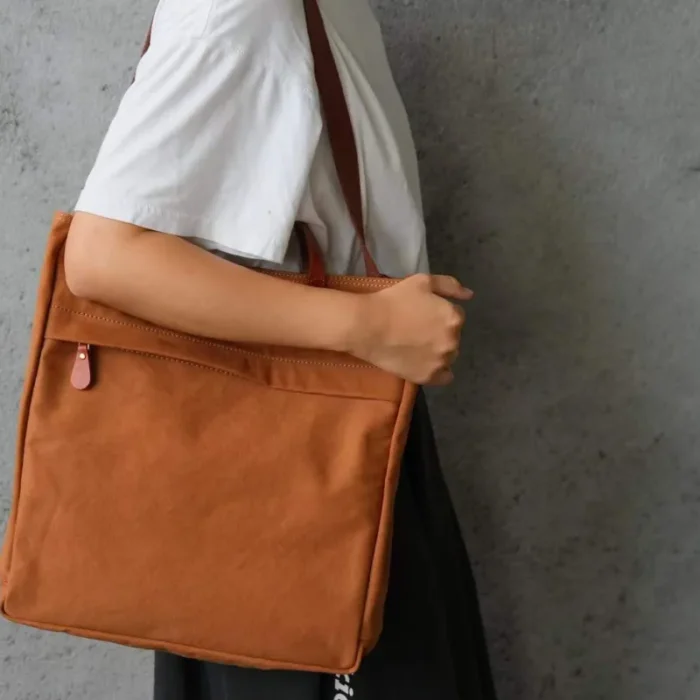 Warm Caramel Brown Canvas Tote Bag detail shot