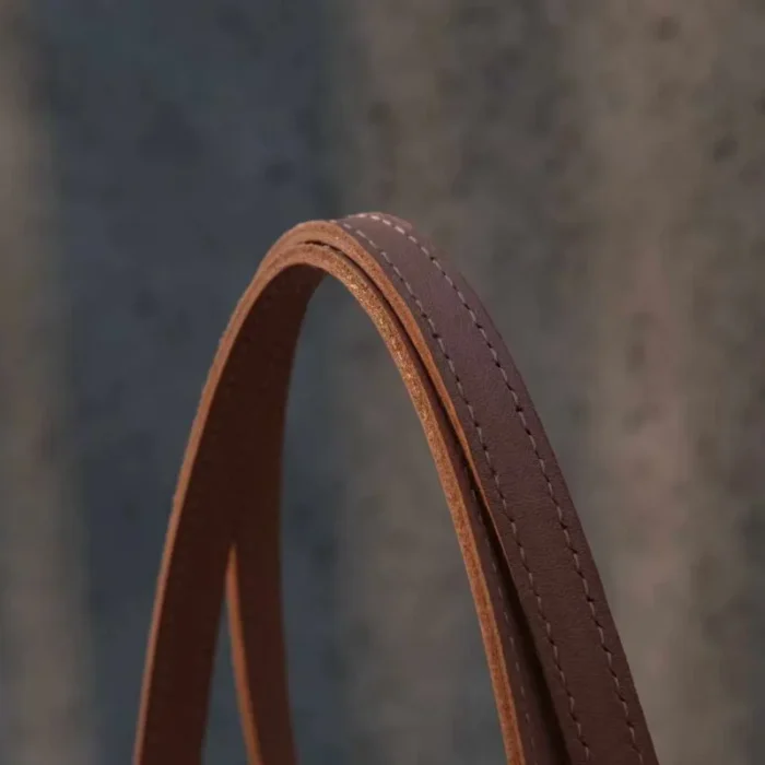 Tote bag carried stylishly on the wrist, highlighting the leather handle