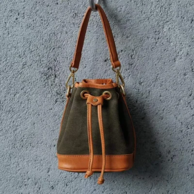 Chic Canvas Leather Mini Bucket Bag - Vintage Crossbody for Summer Style