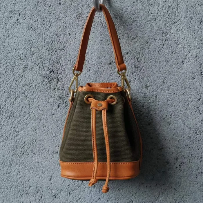 Chic Canvas Leather Mini Bucket Bag - Vintage Crossbody for Summer Style