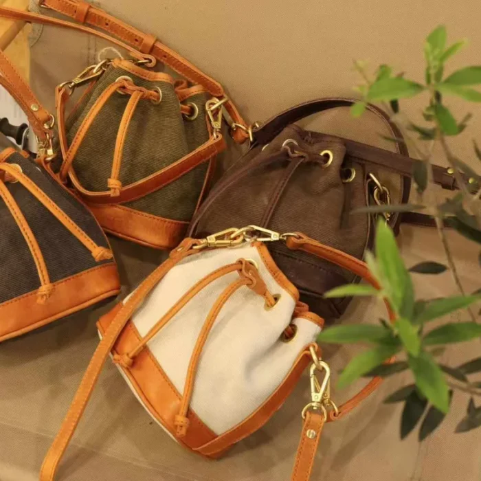 Collection of the Canvas Leather Mini Bucket Bag styles, showcasing all colors (Coffee Brown, Rice White, Deep Grey, Olive Green) and different carrying options of the Vintage Crossbody Bag.