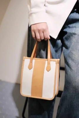 Close-up of the model carrying the mini tote by its leather top handle, highlighting the Exquisite look.