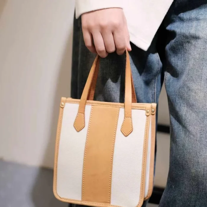 Close-up of the model carrying the mini tote by its leather top handle, highlighting the Exquisite look.