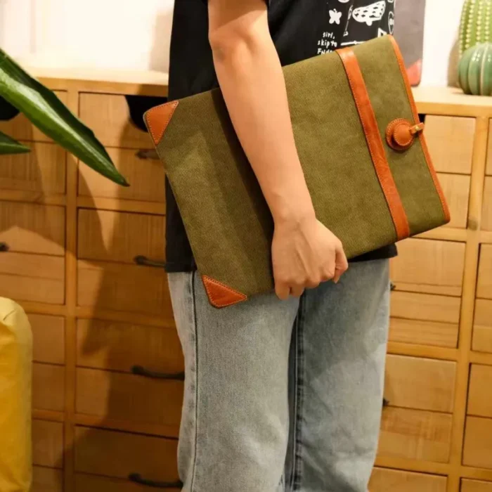 Lightweight Leather Canvas Sleeve in Olive Green (15-inch model) with close-up of the hand-stitched leather and canvas join.