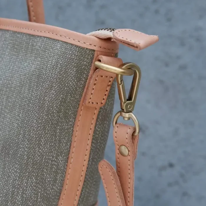 Detail of high-quality antique silver snaps and durable brass hardware on the SYMONHO canvas and leather bag.