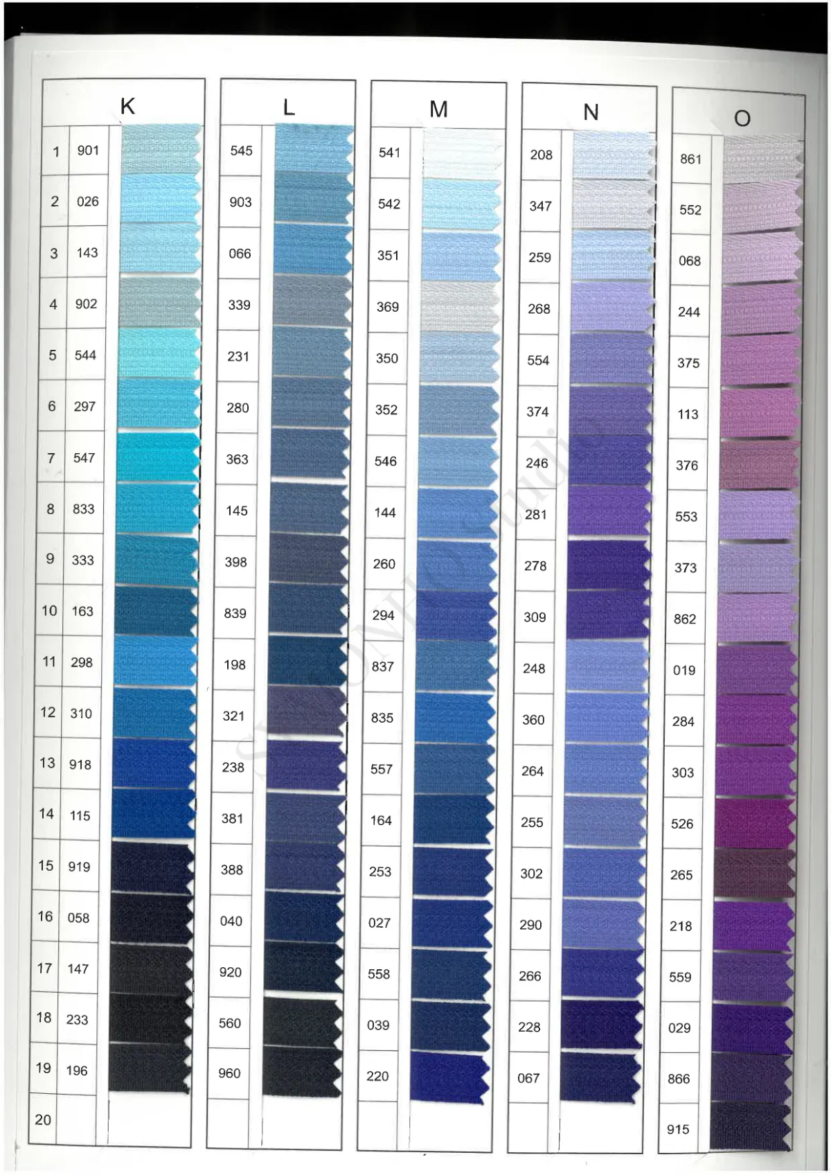 YKK Zipper Color Swatch Card for Color Matching